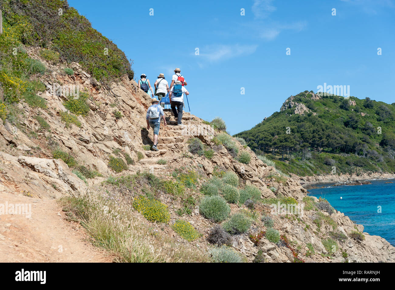 Coastal path Sentier du Littoral at Cap Taillat, Ramatuelle, Var, Provence-Alpes-Cote d`Azur, France, Europe Stock Photo